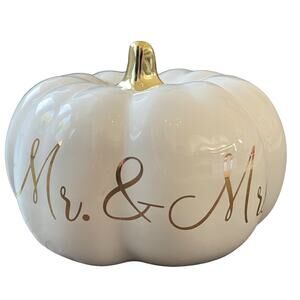 Martha Stewart MR. & MRS. Ceramic Pumpkin White Gold Stem Small Fall Decor NEW